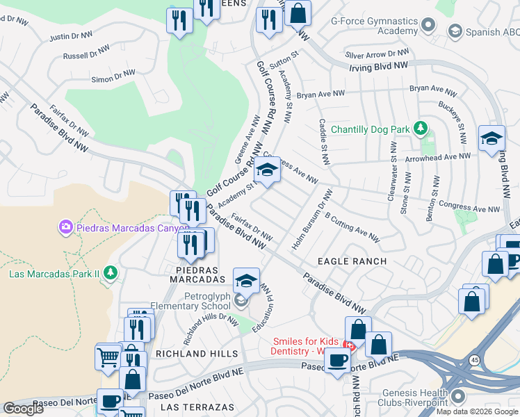 map of restaurants, bars, coffee shops, grocery stores, and more near 4620 Croyden Avenue Northwest in Albuquerque