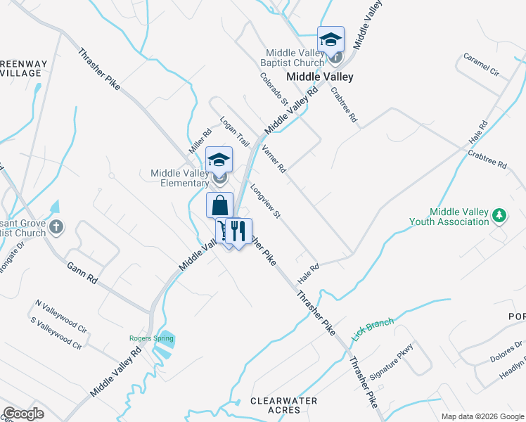 map of restaurants, bars, coffee shops, grocery stores, and more near 1718 Longview Street in Middle Valley