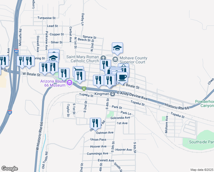 map of restaurants, bars, coffee shops, grocery stores, and more near 111 North 4th Street in Kingman