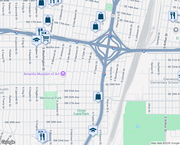 map of restaurants, bars, coffee shops, grocery stores, and more near 2210 South Polk Street in Amarillo