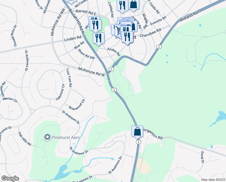 map of restaurants, bars, coffee shops, grocery stores, and more near 115 Beulah Hill Road North in Pinehurst