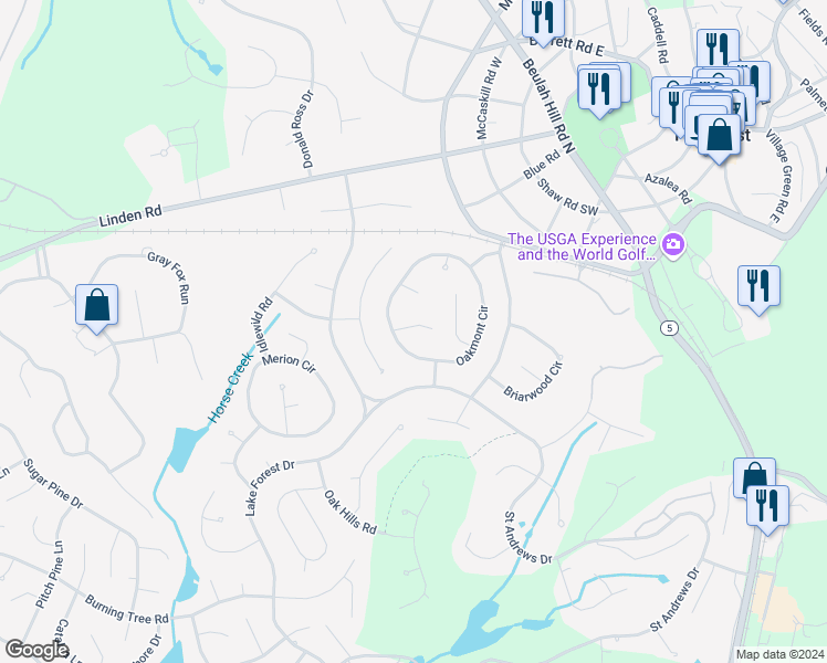 map of restaurants, bars, coffee shops, grocery stores, and more near 2 Wilshire Lane in Pinehurst