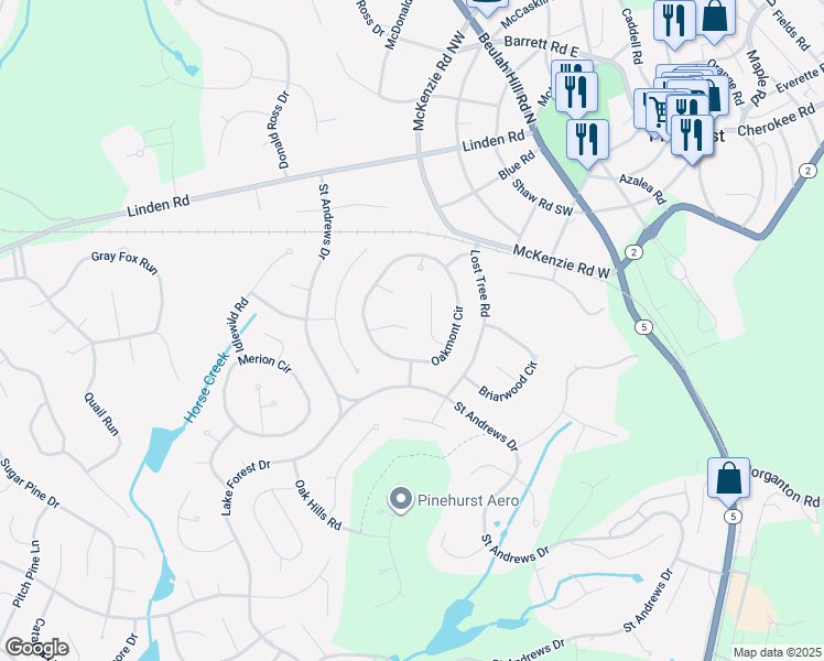 map of restaurants, bars, coffee shops, grocery stores, and more near 8 Wilshire Lane in Pinehurst
