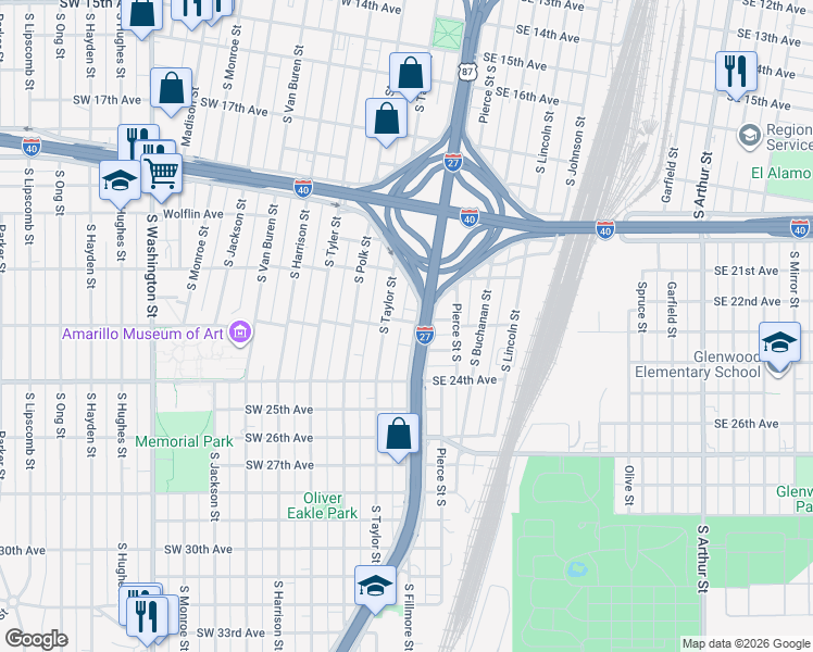 map of restaurants, bars, coffee shops, grocery stores, and more near 2112 Canyon Drive in Amarillo
