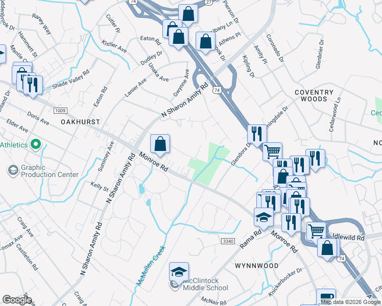 map of restaurants, bars, coffee shops, grocery stores, and more near 5625 Lantana Avenue in Charlotte