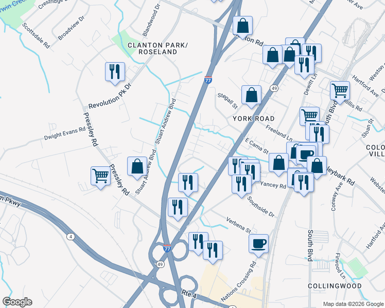 map of restaurants, bars, coffee shops, grocery stores, and more near 150 Orchard Circle in Charlotte