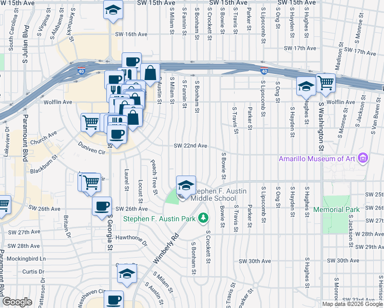 map of restaurants, bars, coffee shops, grocery stores, and more near 2031 South Bonham Street in Amarillo