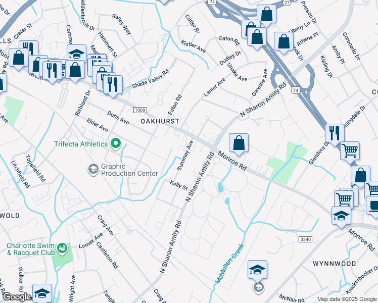 map of restaurants, bars, coffee shops, grocery stores, and more near 5212 Monroe Road in Charlotte