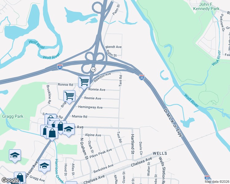 map of restaurants, bars, coffee shops, grocery stores, and more near 4116 Ronnie Avenue in Memphis