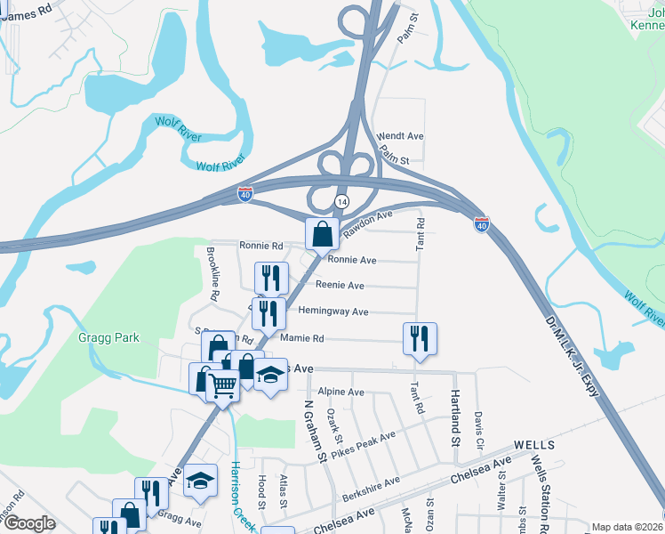 map of restaurants, bars, coffee shops, grocery stores, and more near 4026 Ronnie Avenue in Memphis
