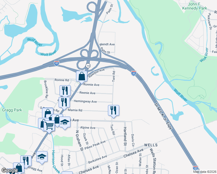 map of restaurants, bars, coffee shops, grocery stores, and more near 4116 Ronnie Avenue in Memphis