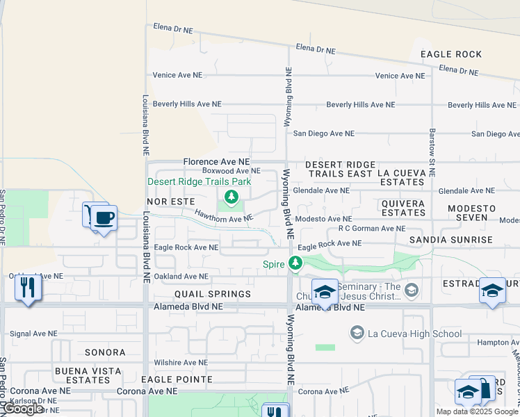 map of restaurants, bars, coffee shops, grocery stores, and more near 7423 Hawthorn Avenue Northeast in Albuquerque
