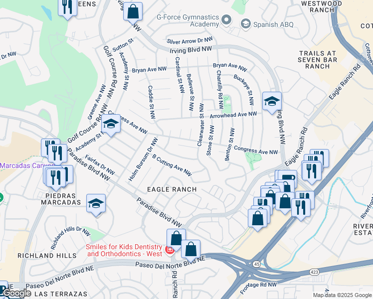 map of restaurants, bars, coffee shops, grocery stores, and more near 4629 Carl Hatch Place Northwest in Albuquerque