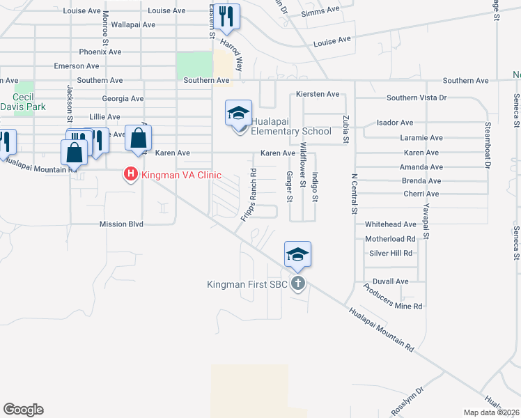 map of restaurants, bars, coffee shops, grocery stores, and more near 3047 Tiffany Lane in Kingman