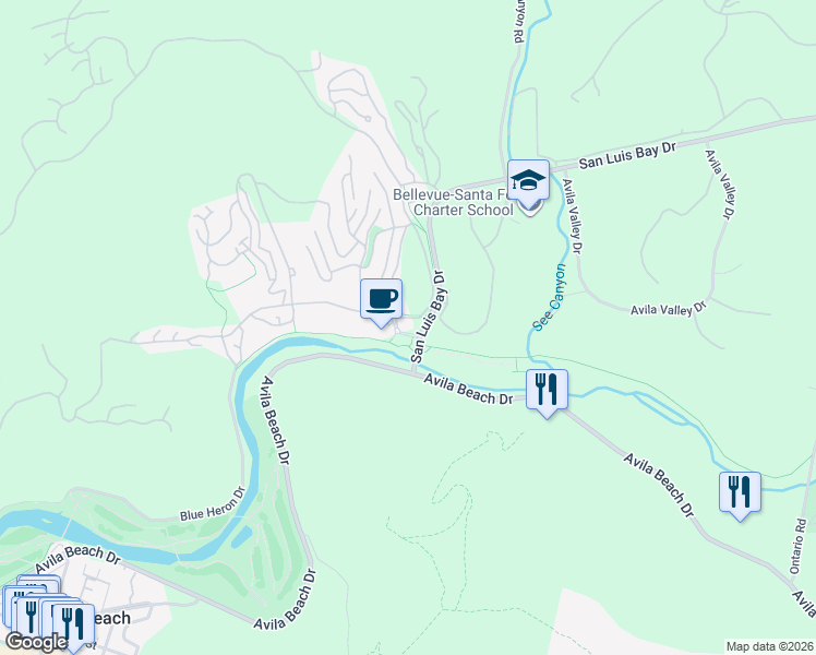 map of restaurants, bars, coffee shops, grocery stores, and more near 6680 Bay Laurel Place in Avila Beach