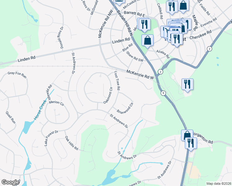 map of restaurants, bars, coffee shops, grocery stores, and more near 75 Lost Tree Road in Pinehurst