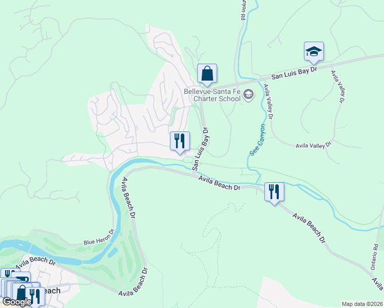 map of restaurants, bars, coffee shops, grocery stores, and more near 6680 Bay Laurel Place in Avila Beach