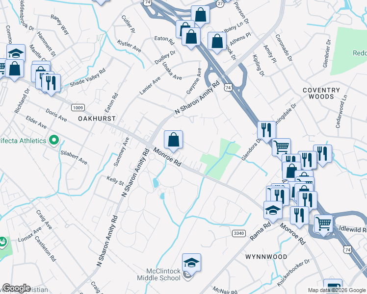 map of restaurants, bars, coffee shops, grocery stores, and more near 5509 Lantana Avenue in Charlotte