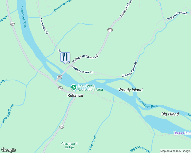 map of restaurants, bars, coffee shops, grocery stores, and more near 154 Riverview Lane in Reliance