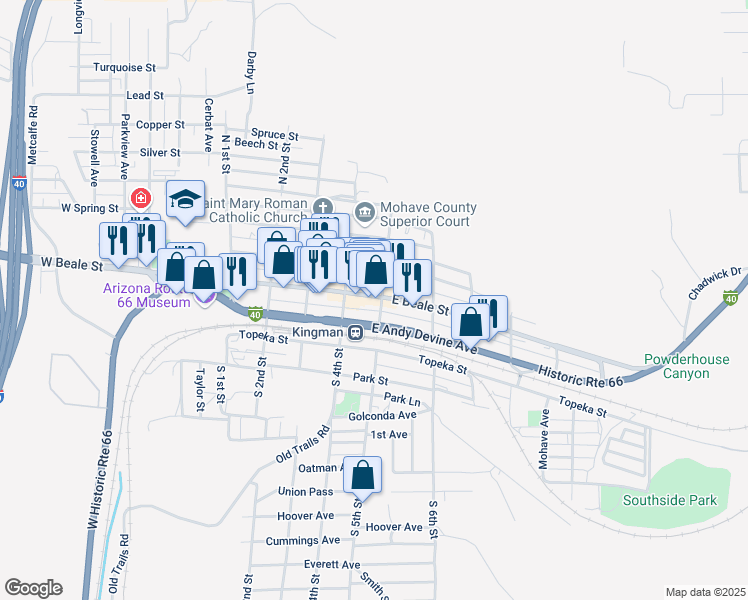 map of restaurants, bars, coffee shops, grocery stores, and more near 430 East Beale Street in Kingman