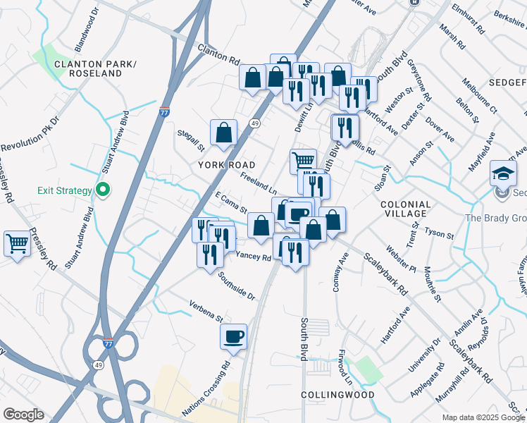 map of restaurants, bars, coffee shops, grocery stores, and more near in Charlotte