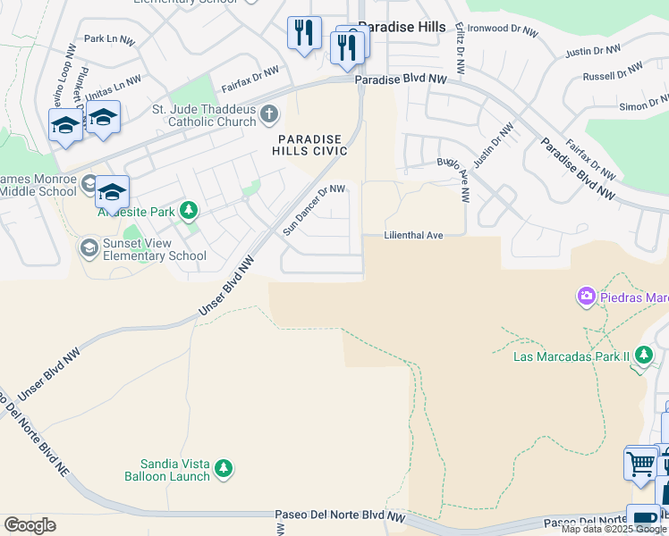 map of restaurants, bars, coffee shops, grocery stores, and more near 5631 Cold Creek Avenue Northwest in Albuquerque