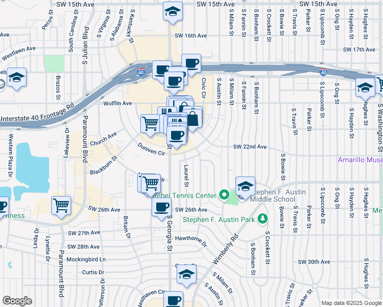 map of restaurants, bars, coffee shops, grocery stores, and more near 2319 South Georgia Street in Amarillo