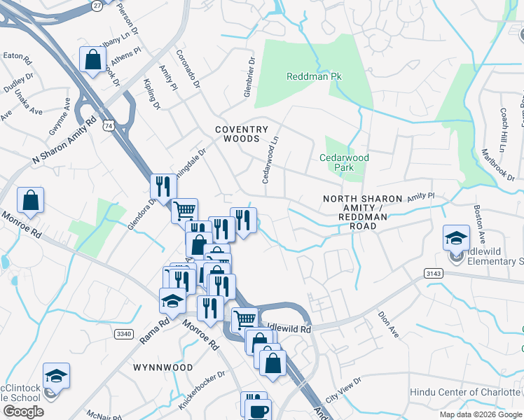 map of restaurants, bars, coffee shops, grocery stores, and more near 5410 Amity Place in Charlotte