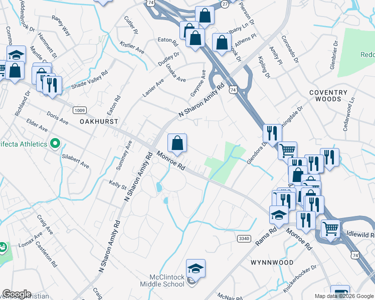 map of restaurants, bars, coffee shops, grocery stores, and more near in Charlotte