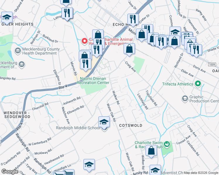 map of restaurants, bars, coffee shops, grocery stores, and more near in Charlotte