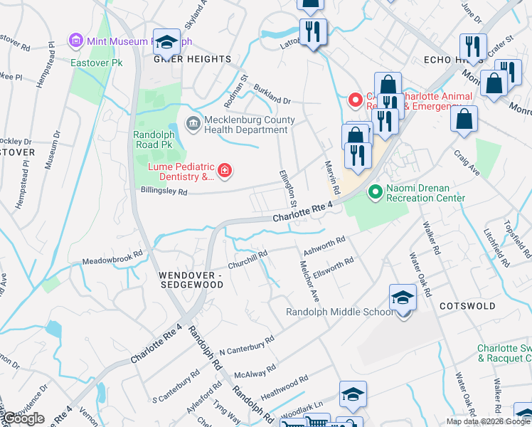 map of restaurants, bars, coffee shops, grocery stores, and more near 3711 Uwharrie River Road in Charlotte