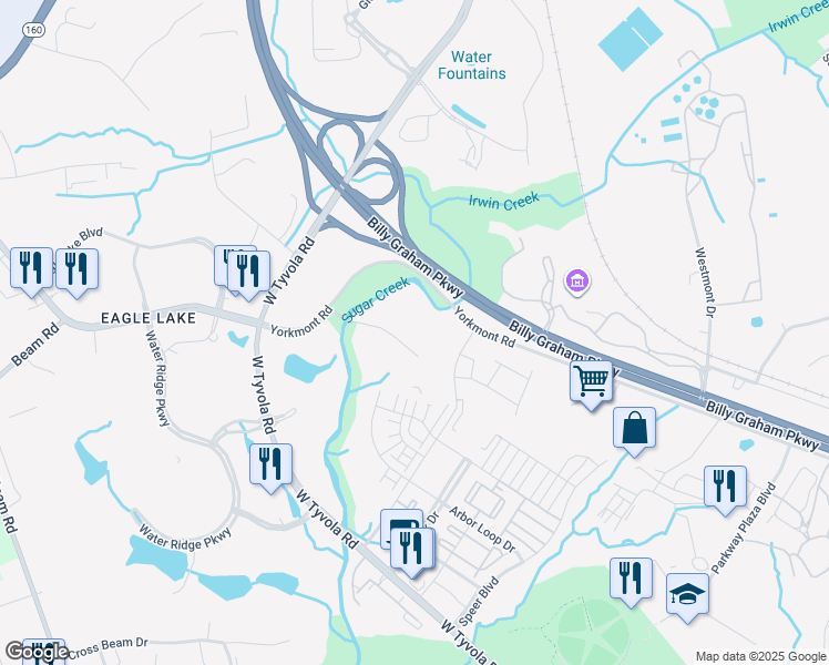 map of restaurants, bars, coffee shops, grocery stores, and more near 2820 Coliseum Centre Drive in Charlotte
