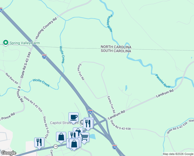 map of restaurants, bars, coffee shops, grocery stores, and more near 195 Earles Fort Road in Landrum
