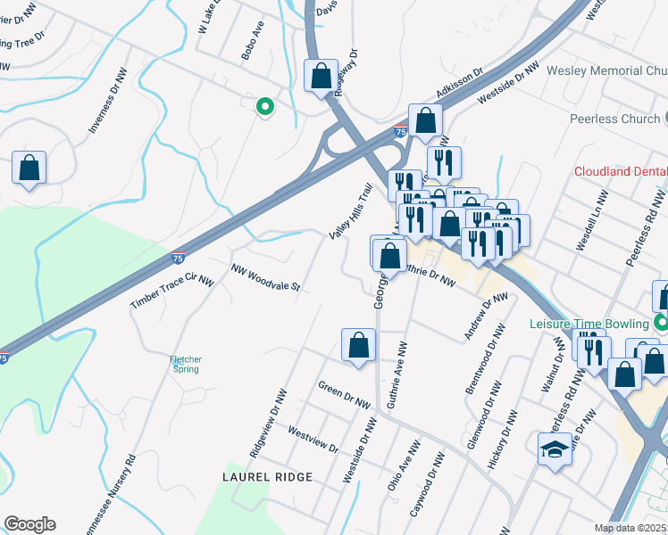 map of restaurants, bars, coffee shops, grocery stores, and more near 1825 Mount Vernon Drive Northwest in Cleveland