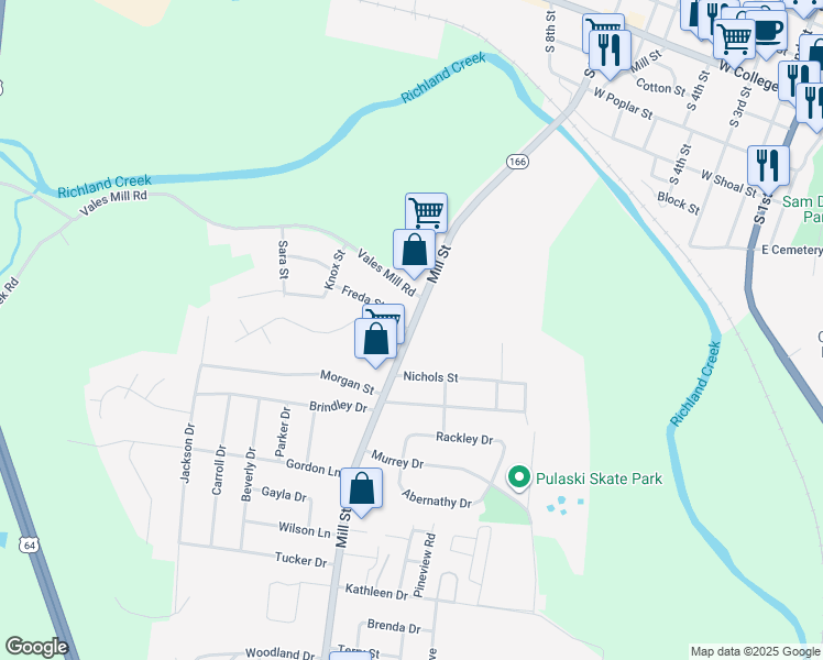 map of restaurants, bars, coffee shops, grocery stores, and more near 920 Mill Street in Pulaski