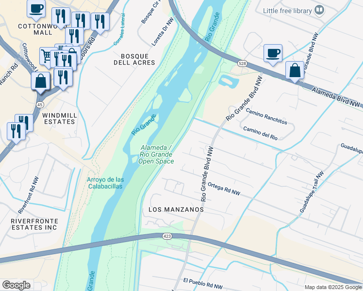 map of restaurants, bars, coffee shops, grocery stores, and more near 8907 Rio Grande Boulevard Northwest in Los Ranchos de Albuquerque