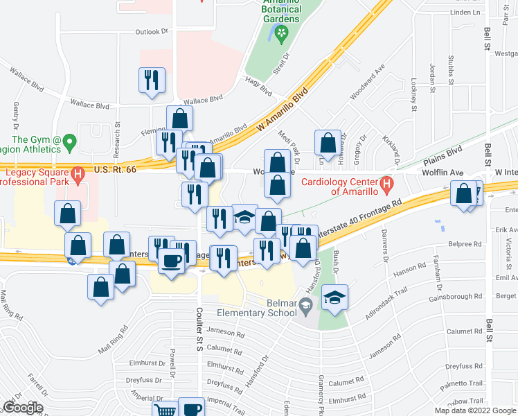 map of restaurants, bars, coffee shops, grocery stores, and more near 2002 Hardy Street in Amarillo