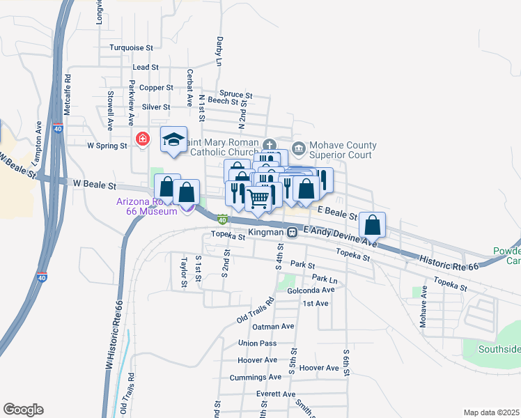 map of restaurants, bars, coffee shops, grocery stores, and more near 304 Beale Street in Kingman