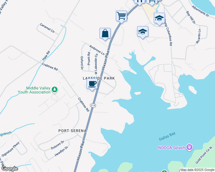 map of restaurants, bars, coffee shops, grocery stores, and more near 1250 Lakeside Drive in Middle Valley
