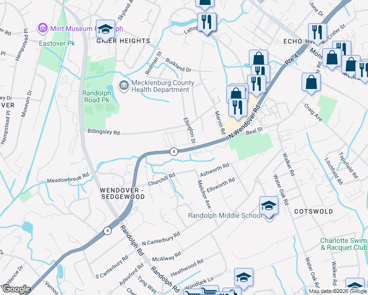 map of restaurants, bars, coffee shops, grocery stores, and more near 529 Nantahala Drive in Charlotte