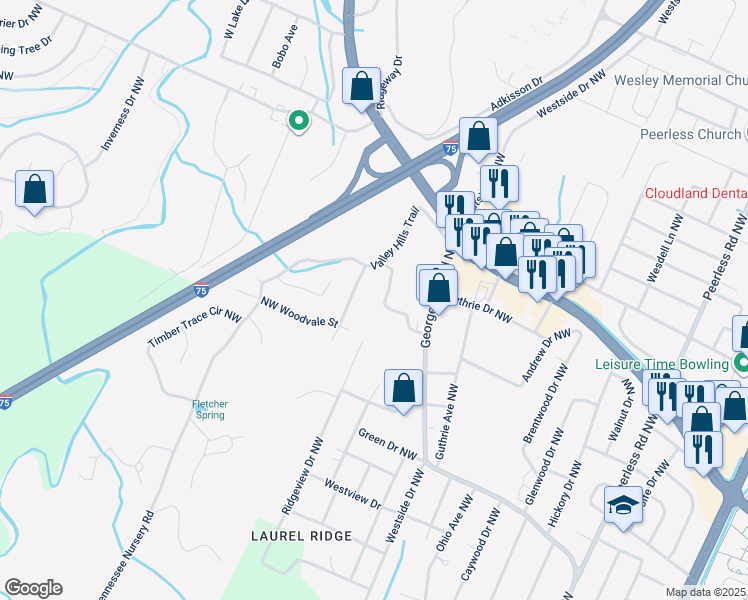map of restaurants, bars, coffee shops, grocery stores, and more near 1775 Mount Vernon Drive Northwest in Cleveland