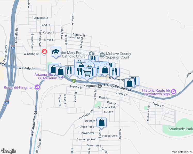 map of restaurants, bars, coffee shops, grocery stores, and more near 418 East Beale Street in Kingman