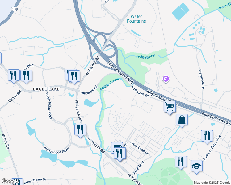 map of restaurants, bars, coffee shops, grocery stores, and more near 2820 Coliseum Centre Drive in Charlotte