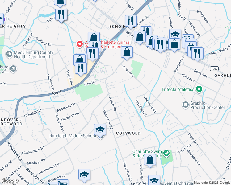 map of restaurants, bars, coffee shops, grocery stores, and more near 951 Hollywood Street in Charlotte