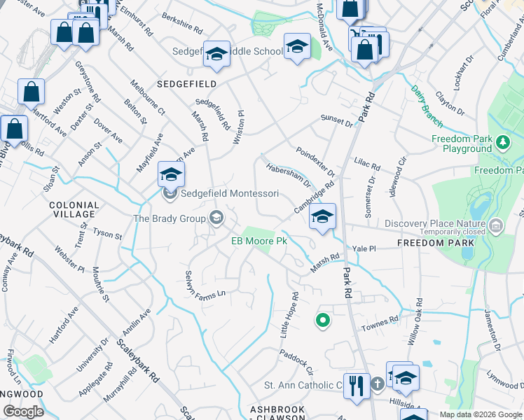map of restaurants, bars, coffee shops, grocery stores, and more near 1022 Guilford Road in Charlotte