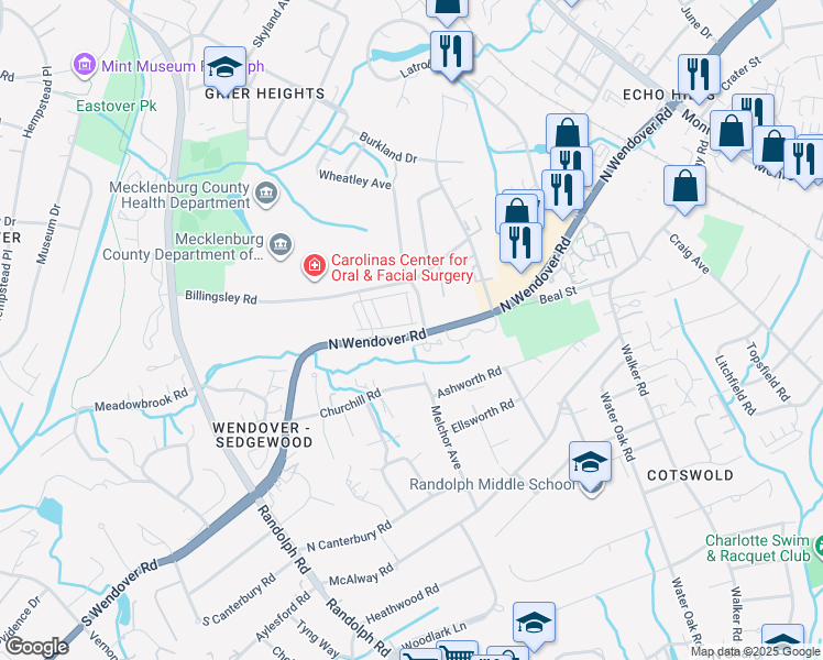 map of restaurants, bars, coffee shops, grocery stores, and more near 529 Nantahala Drive in Charlotte