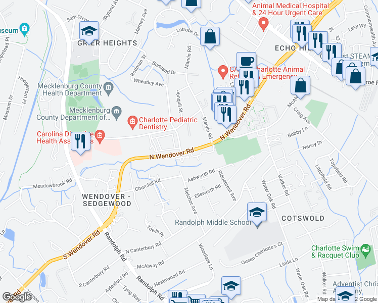 map of restaurants, bars, coffee shops, grocery stores, and more near 720 N Wendover Rd in Charlotte