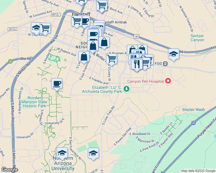map of restaurants, bars, coffee shops, grocery stores, and more near 538 South Fountaine Street in Flagstaff