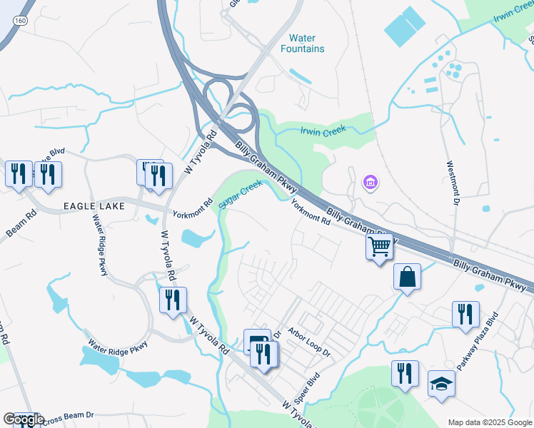 map of restaurants, bars, coffee shops, grocery stores, and more near 2820 Coliseum Centre Drive in Charlotte