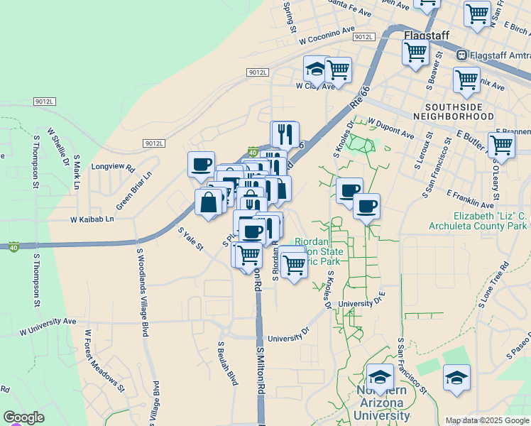 map of restaurants, bars, coffee shops, grocery stores, and more near 1111 South Plaza Way in Flagstaff